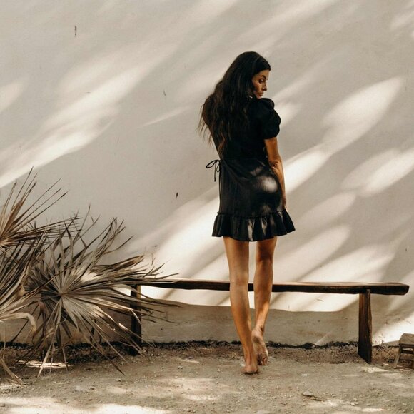 Claude Tulum Emilia Tie Wrap Dress Short Linen One Size - Picture 12 of 12